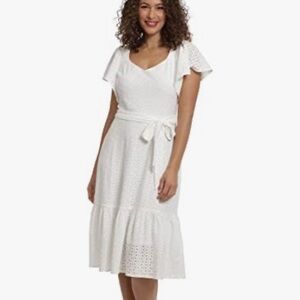 London Times Midi Dress  Short Sleeve White Eyelet Sz 16 Cottage Coquette Twee